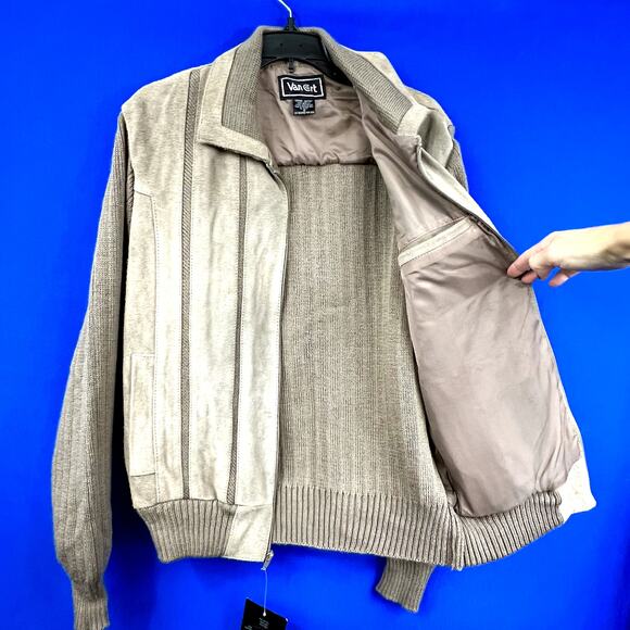 VINTAGE•NWT |•VAN CORT•| Retro Suede + Knit Collared Tan Jacket Size M - Picture 7 of 11